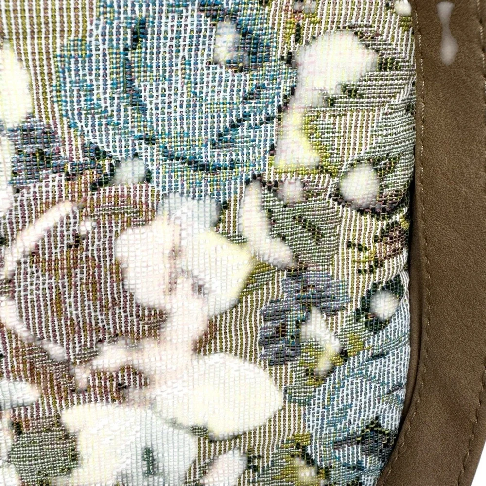 One East Carpet Bag Purse Tapestry Green Pink Canvas Med Zip Close Faux Leather